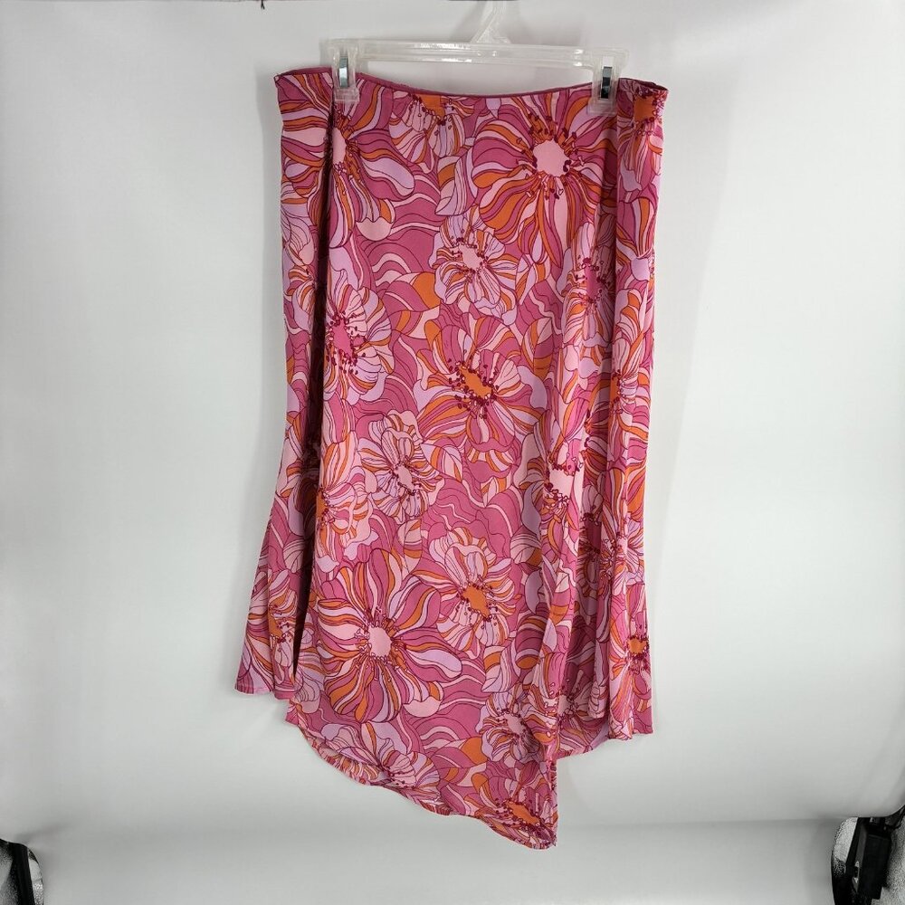 Lane Bryant Women's Plus Size 14/16 Pink Orange Floral Asymmetrical Midi Skirt